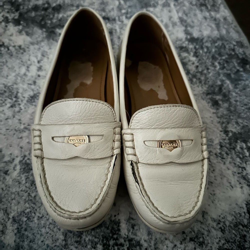 Coach White Leather Penny Loafers with Gold Logo